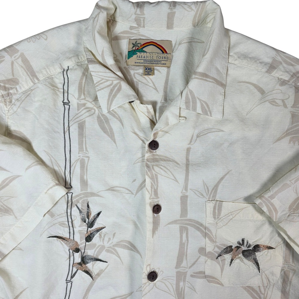 Paradise Found Hawaiian Shirt‎ Mens XXL Cream Bamboo Print Aloha Tropical